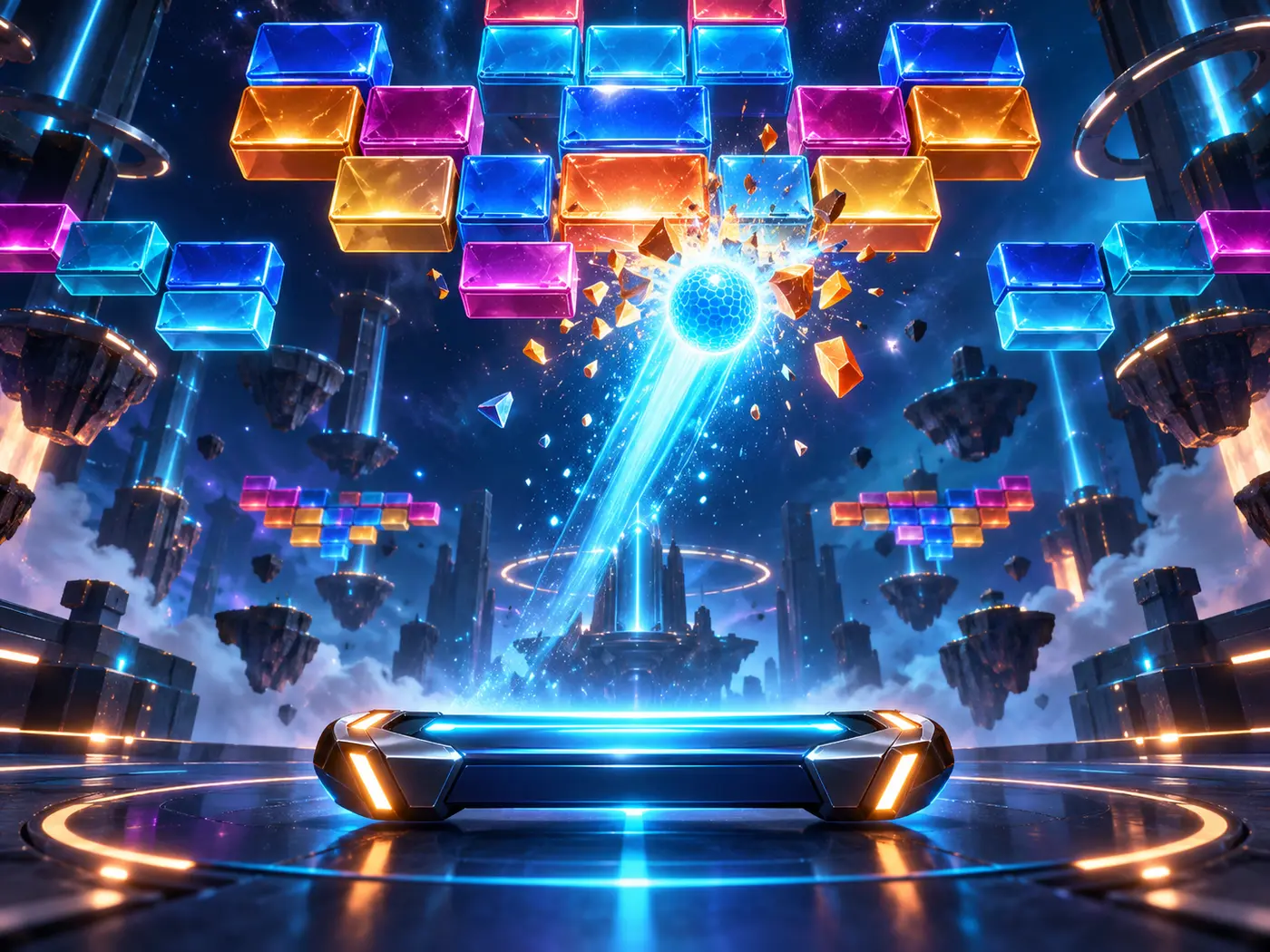 Glowing ball and paddle facing colorful three-dimensional bricks