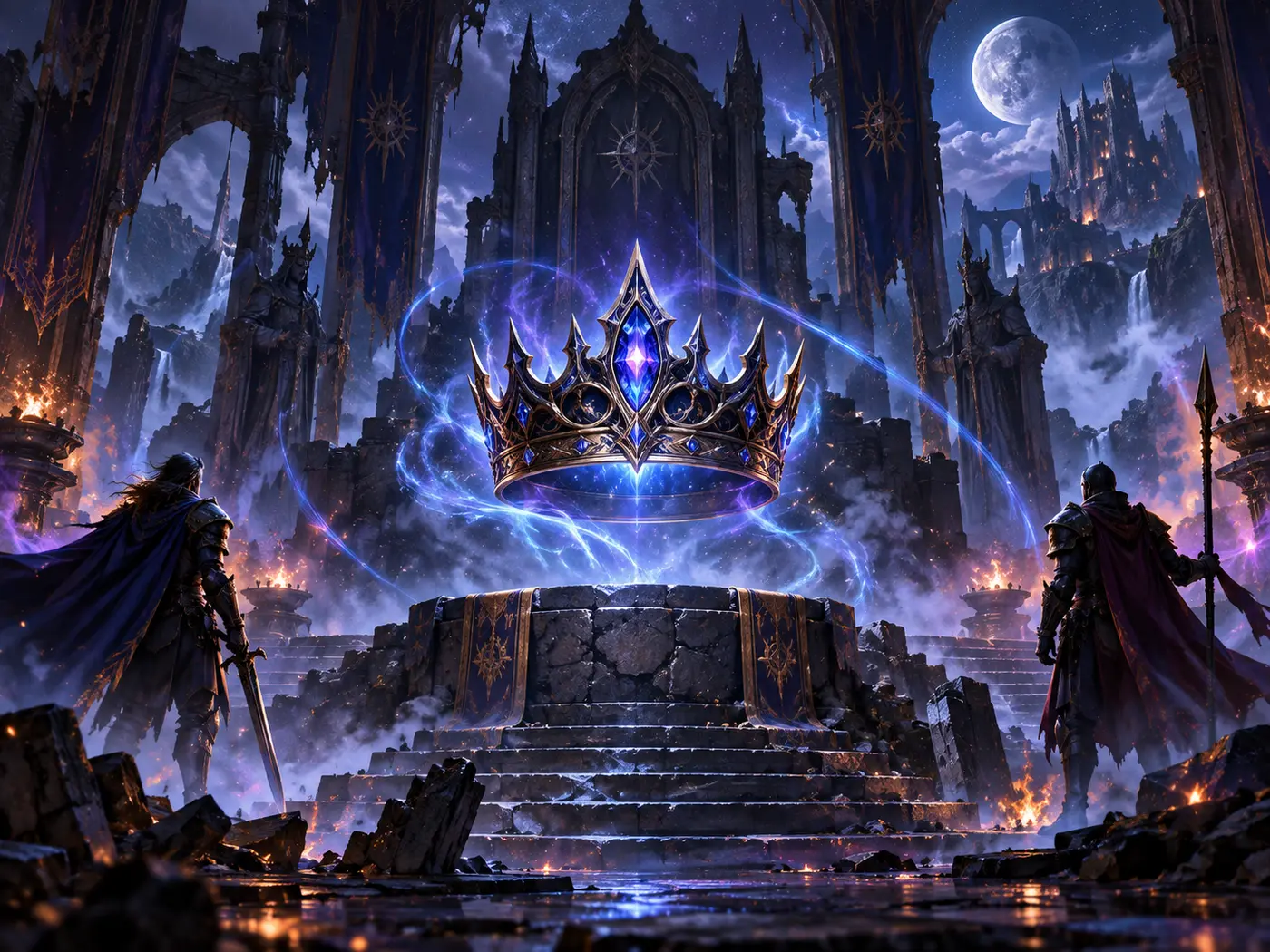 An enchanted crown suspended before a ruined fantasy throne