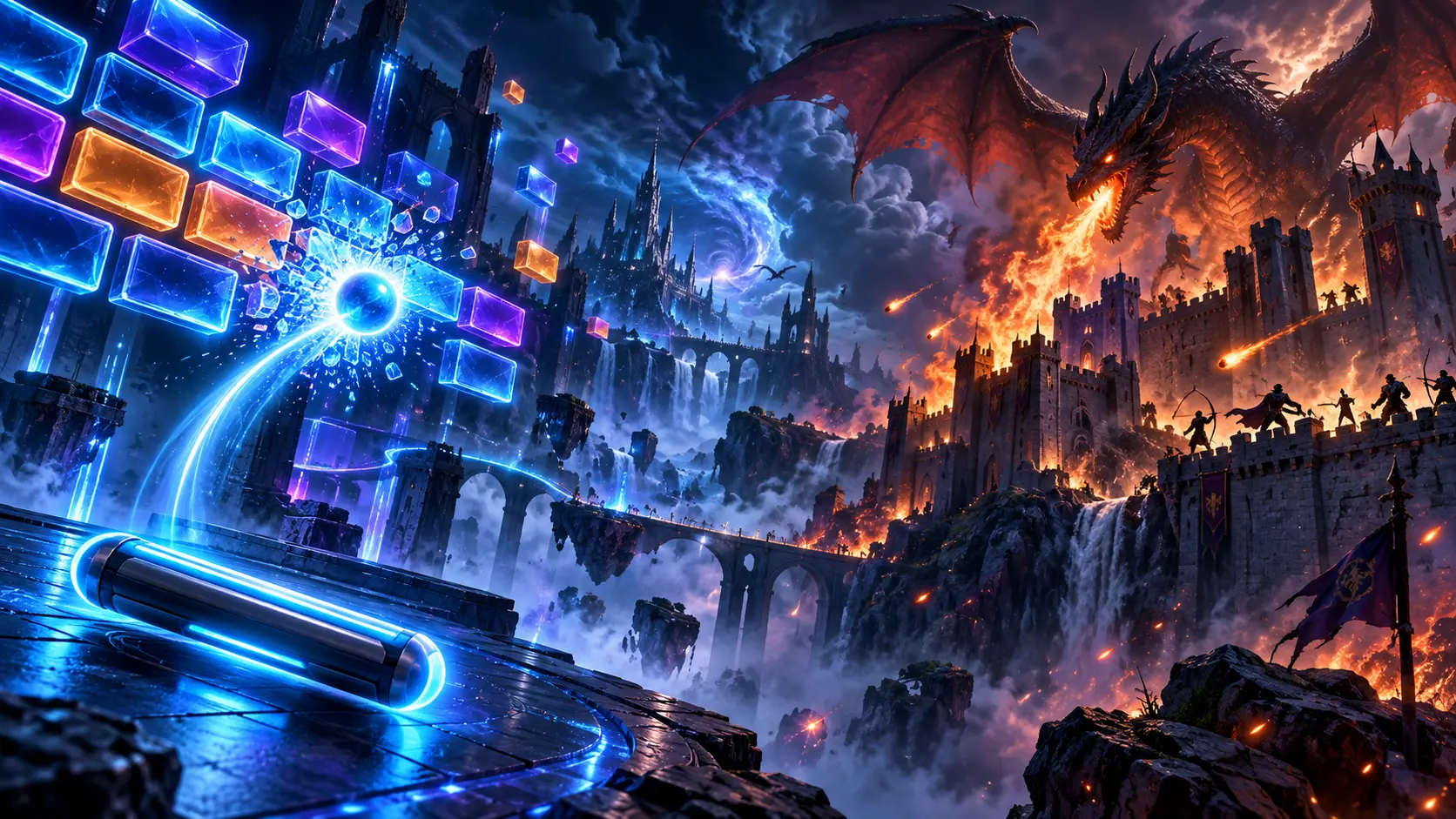 A neon brick arena merging into a fantasy fortress landscape