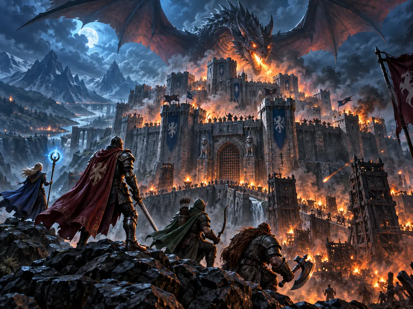Fantasy heroes defending a fortress beneath a dragon