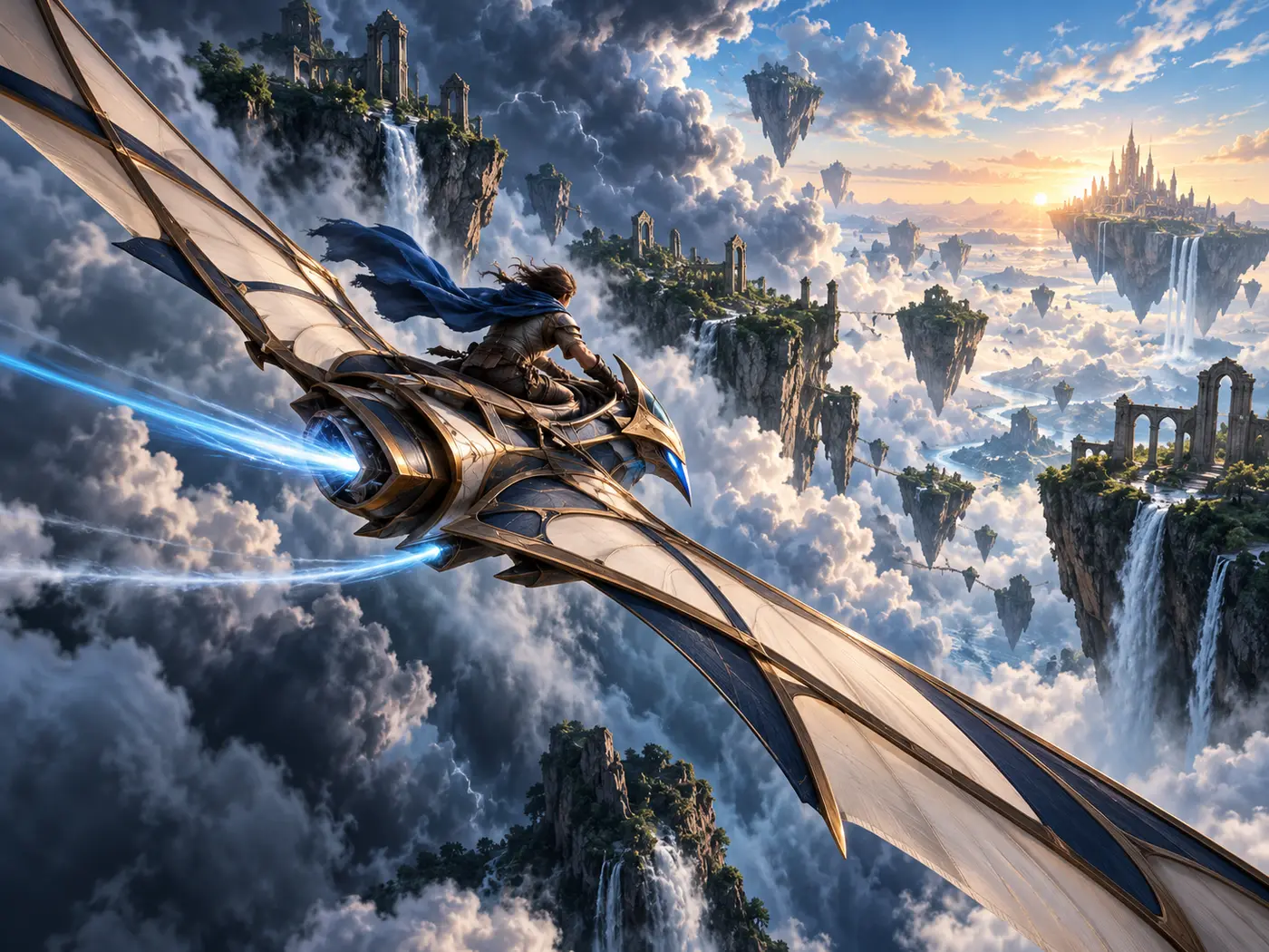 A heroic sky rider flying between floating islands and storm clouds